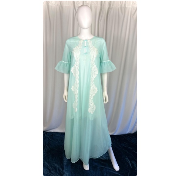 Vintage 50’s 60’s Slumber Suzy Nylon Long Bed Jacket - Robe - Mint Green - Lace - Picture 3 of 10